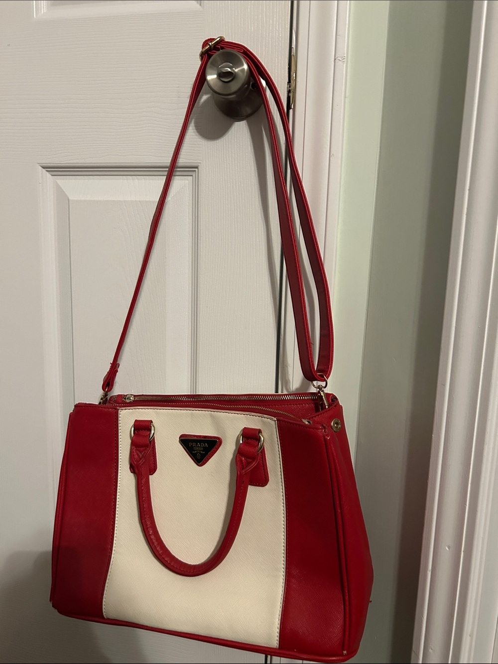 Prada Red and Cream Leather Satchel with Adjustable Strap